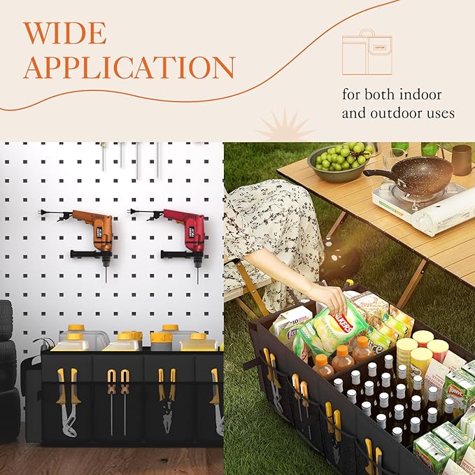 HOTOR Foldable Trunk Organizer - SUV & Sedan Compatible, 3 Compartment, Black, 31.9"×12.6"×10.6" Sturdy Car Organization for Accessories, Tools, Sundries