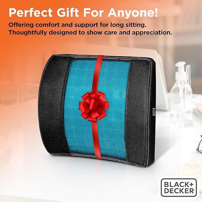 BLACK+DECKER Cooling Gel Lumbar Memory Foam Cushion – Ergonomic Back Support Travel Pillow with Ventilated Mesh, Adjustable Strap, Slow Rebound Memory Foam, Washable Cover