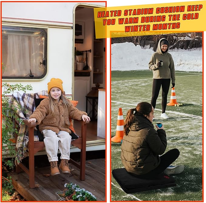 Juexica Portable Heated Seat Cushion Warm Stadium Seats Camping Outdoor with Back Support and 3 Level Winter Heated Seat Cover for Outdoors, No Power Bank(15.7 Inch,Black)