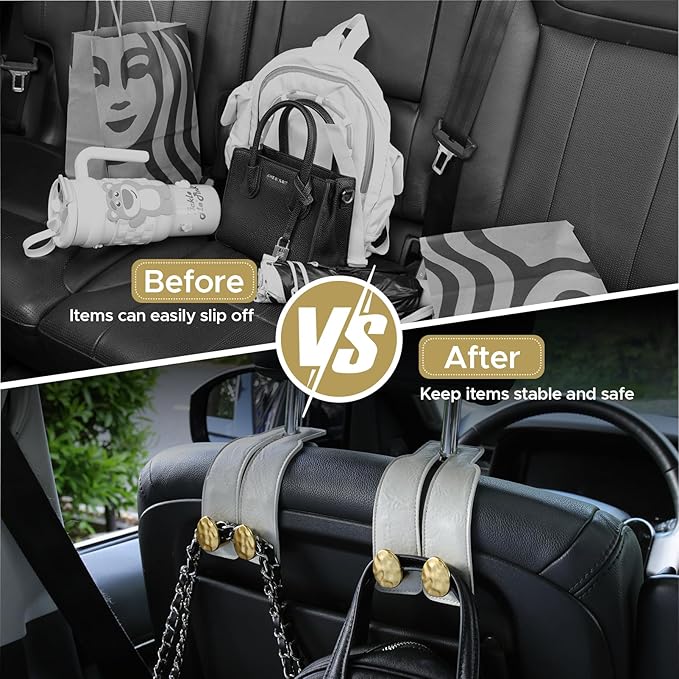 2PCS Leather Car Seat Hooks for Headrest, Vehicle Hanger Storage Organizer Universal for Handbag Purse, Car Accessories Gift (White-Gold)