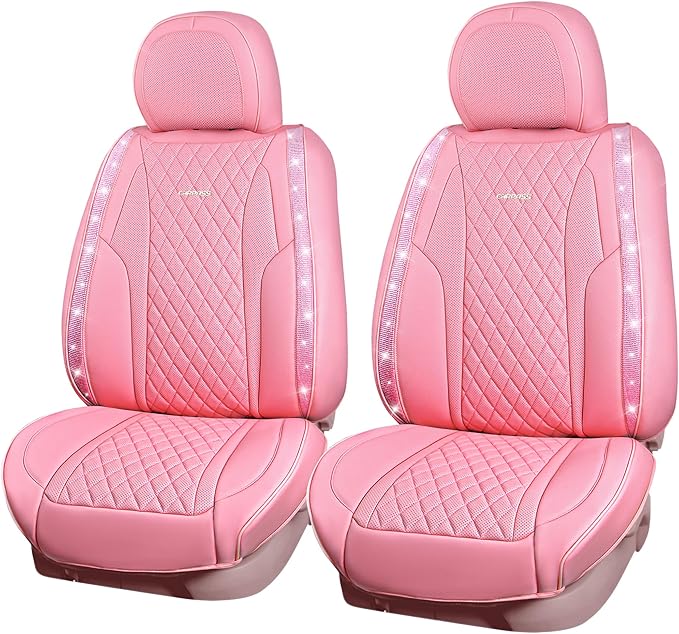 CAR PASS Bling Pink Nappa Leather Car Seat Covers for Front Seats, Waterproof Heavy-Duty Anti-Slip, Universal Fit for 95% Auto SUV Sedan Truck, Glitter Sparkly Shining Rhinestone, Pink Leather Diamond