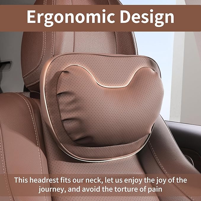 Car Neck Pillow [No More Pressure] Soft Comfortable Premium Leather Headrest with Adjustable Strap – Ergonomic Support for Driving, Office & Gaming, Brown, 2 Pack
