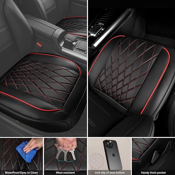 CAR PASS 2 Pack Leather Front Car Seat Covers, Bottom Seat Covers Full Wrapped with Storage Pocket, Anti-Slip PU Seat Protectors,Waterproof Seat Cushion Pad Universal Fit Sedan SUV Truck, Black/Red