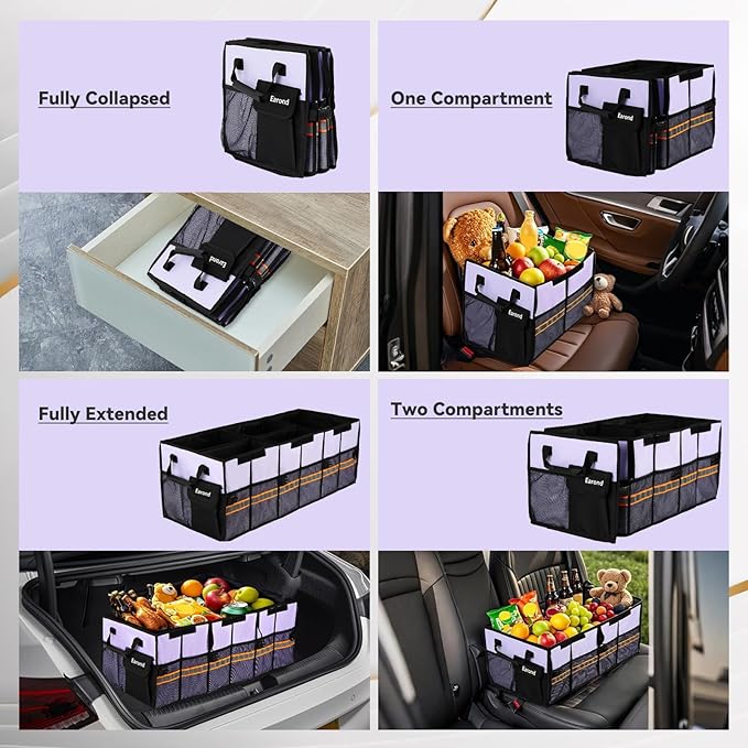 Car Trunk Organizer with Lid,Collapsible Car Storage Organizer with Multi Compartments and Securing Straps for SUV,Sedan,Jeep-Cyan