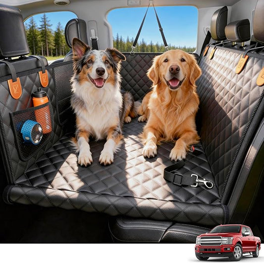 Wigoo Dog Truck Seat Cover for Back Seat, 450lb Support Hard Bottom Hammock for 1–4 Large Dogs, Waterproof & Anti-Scratch Backseat Protector, Car Bed Extender for Truck & SUV, Size-XL, Black+Orange
