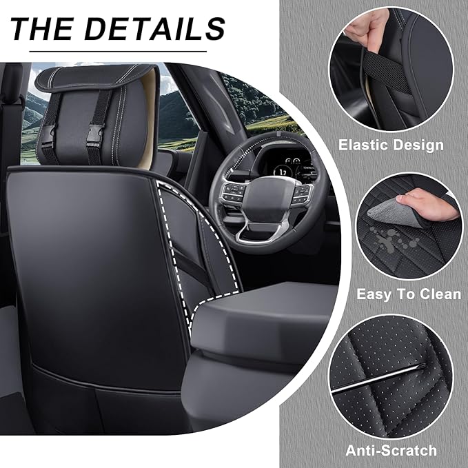 Front Set Car Seat Covers for Ford F-150 F-250 F-350 XL XLT STX Lariat King Ranch Platinum Raptor Waterproof Seat Covers 2009-2025, Anti-Slip Seat Protectors(Luxury 2 Seats/Black)