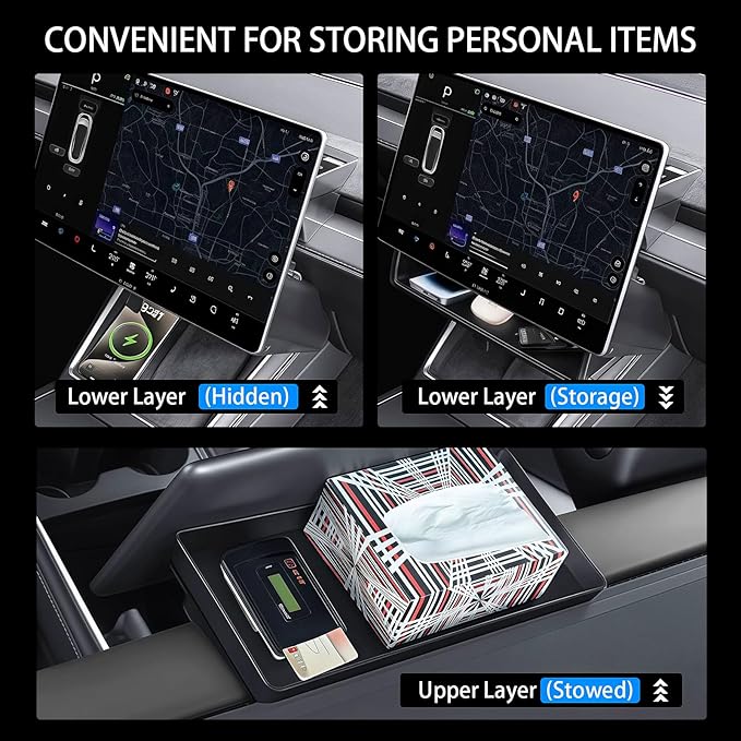 New Upgrade Under Screen Storage Organizer for Tesla Model Y Juniper 2025-2026 & Model 3 Highland 2024-2025, Hidden Console Tray, Black