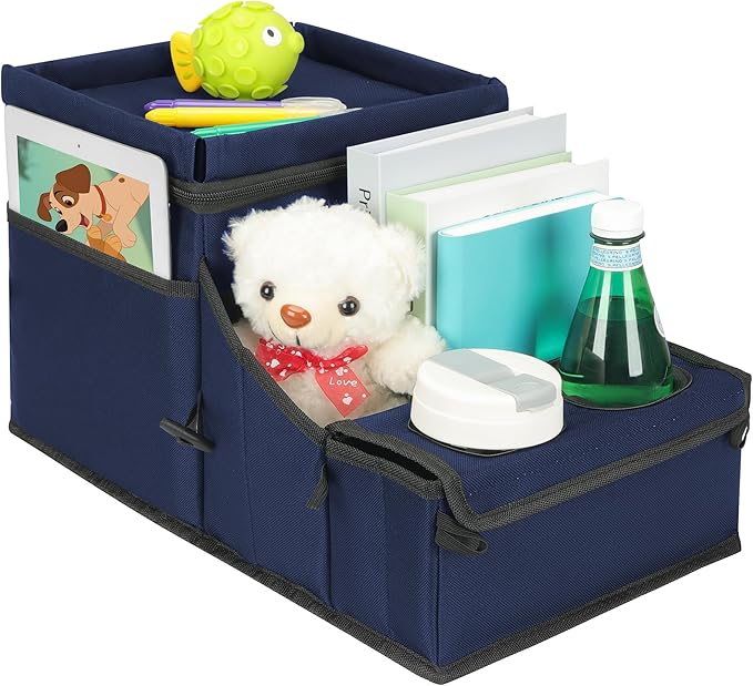 Car Seat Organizer, Backseat Car Organizer with Cup Holder Tray and Storages for Kids and Adults, Portable Travel Cooler for Car for Front or Back Seat Passenger Organizer Ccompartment (Navy Blue)