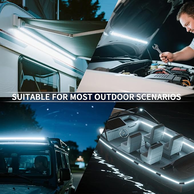 12V LED Light Bar Kit, 2 Bars White & 2 Bars Amber Adjustable Brightness RV Camping Lights - Waterproof IP67, Magnetic & Velcro Mount, Portable Lighting for Tent, Car, Trailer, Boat, Truck, Off-Road