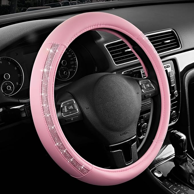 Road Comforts Steering Wheel Cover, Glitter Bling Leather Wheel Cover, Universal Fit 14.5"-15.5" Steering Wheels for Women & Girls, Anti-Slip Car Wheel Protector for Cars, Trucks, Vans, SUVs-Pink