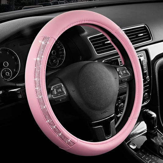 Road Comforts Steering Wheel Cover, Glitter Bling Leather Wheel Cover, Universal Fit 14.5"-15.5" Steering Wheels for Women & Girls, Anti-Slip Car Wheel Protector for Cars, Trucks, Vans, SUVs-Pink