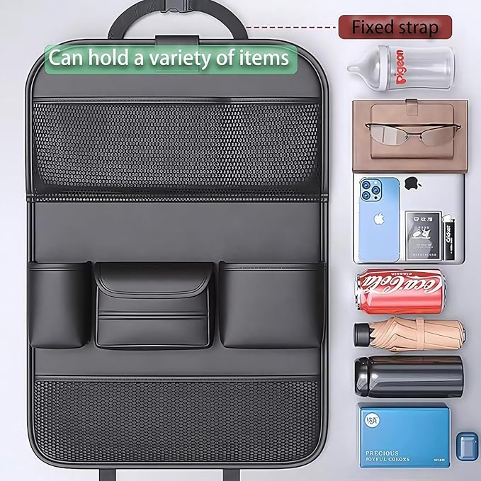 Foldable Car Table for Backseat Headrest with Big Pockets Waterproof Leather, Back Seat Car Organizer with Tray, Seat Organizer for Backseat
