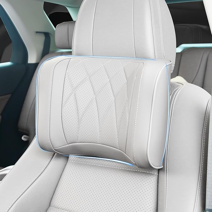 Car Headrest Pillow U-Shaped, Memory Foam Head Neck Support Cushion for Driving, Leather Head Rest Travel Pillows for Sleeping, Breathable Removable Cover, Gray, 2 Pack