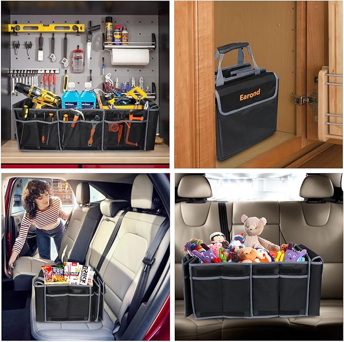 Car Trunk Organizer with Lid,Collapsible Car Storage Organizer with Multi Compartments and Securing Straps for SUV,Sedan,Jeep-Black & Grey