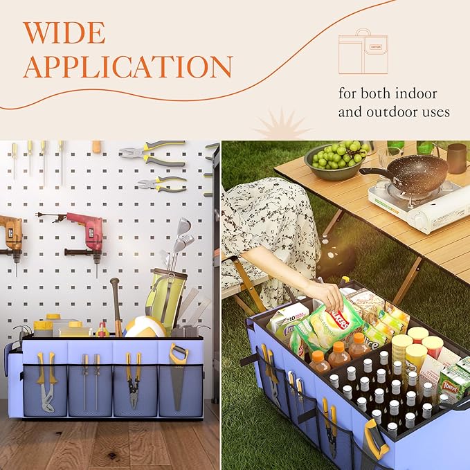 HOTOR Large-Capacity Trunk Organizer - Foldable for SUVs & Sedans, Sturdy Organization for Car Accessories, Tools, Sundries, Blue, 2 Compartments, US11032 | Foldable, Sturdy Organization, for Car Accessories, Tools, Sundries, US11032