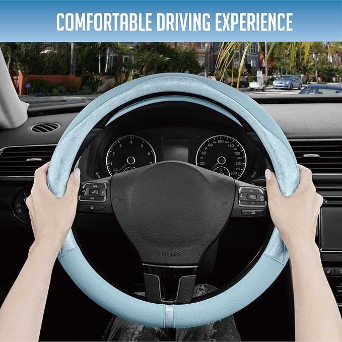 PIC AUTO Steering Wheel Cover, Light Blue Patterned Leather Patchwork Design, Universal Fit 14.5"–15.5", Anti-Slip, Odor-Free, Soft PU Grain Leather, Durable Grip Car Accessory for Girls & Women