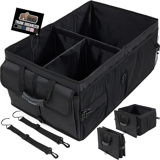 GORILLA GRIP Large Capacity Sturdy Trunk Storage Organizer, Slip and Water Resistant Collapsible Organization Container, Holiday Gifts for Men, Women, Multi Compartment Car or SUV Accessories, Black