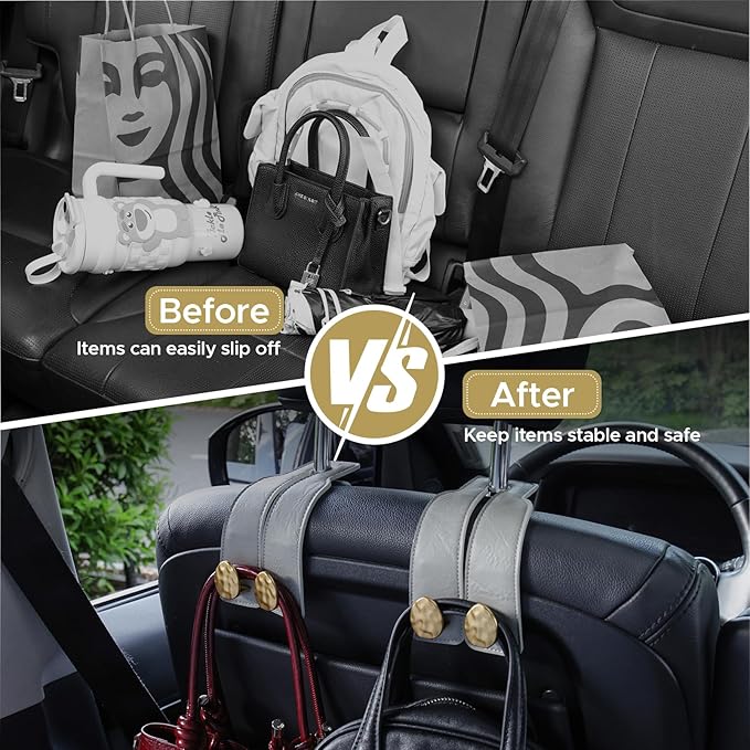 2PCS Leather Car Seat Hooks for Headrest, Vehicle Hanger Storage Organizer Universal for Handbag Purse, Car Accessories Gift (Grey-Gold)