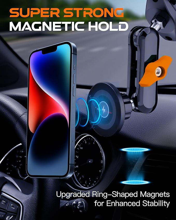 chubbycable ChubbyGrip Magnetic Dash Mount Vacuum Magnetic Phone Holder for Your Car 360° Adjustable Suction Cup Magsafe Car Phone Mount for Windshield Dashboard, Magnetic Phone Holder, Orange