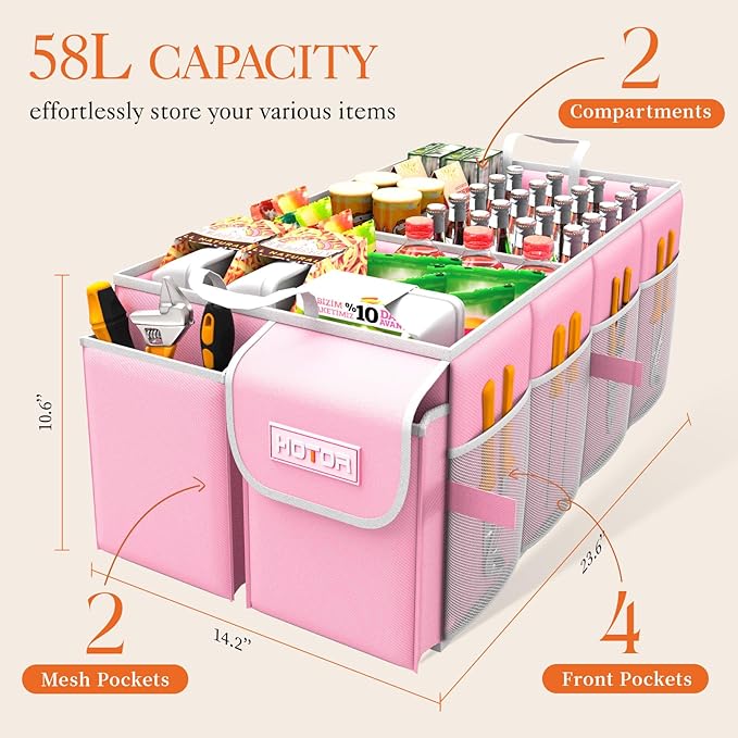 HOTOR Foldable Trunk Organizer - SUV & Sedan Compatible, 2 Compartments, Pink, 23.6"14.2"10.6" Sturdy Car Organization for Accessories, Tools, Sundries