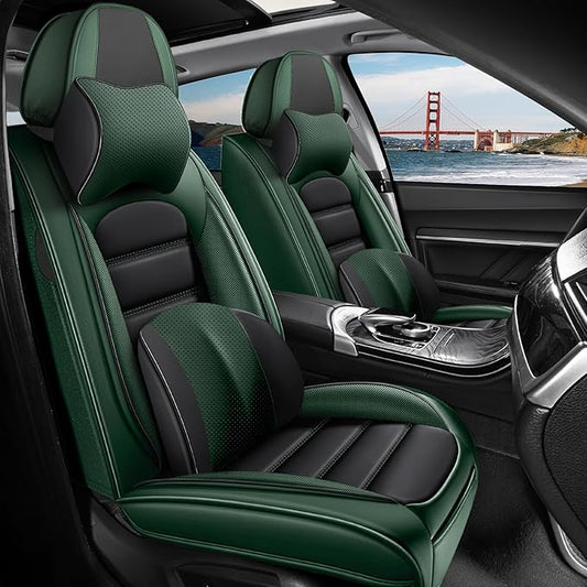 2 Seat Covers Fit for Acura ILX 2013-2022, Waterproof Premium Leather Automotive Accessories Seat Protectors Seat Cushions Wear-Resistant Car Seat Covers（Black&Green,Front Deluxe）