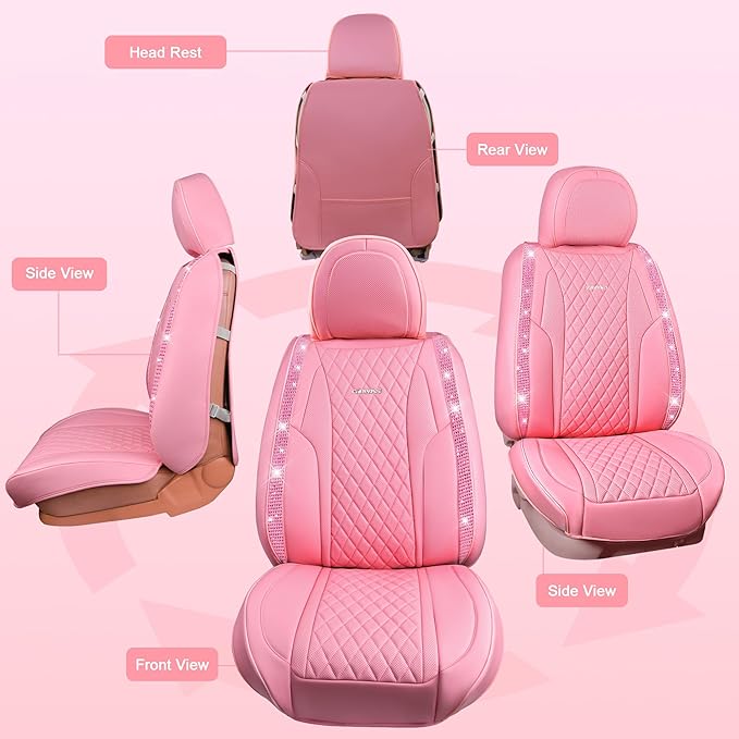 CAR PASS Bling Pink Nappa Leather Car Seat Covers for Front Seats, Waterproof Heavy-Duty Anti-Slip, Universal Fit for 95% Auto SUV Sedan Truck, Glitter Sparkly Shining Rhinestone, Pink Leather Diamond