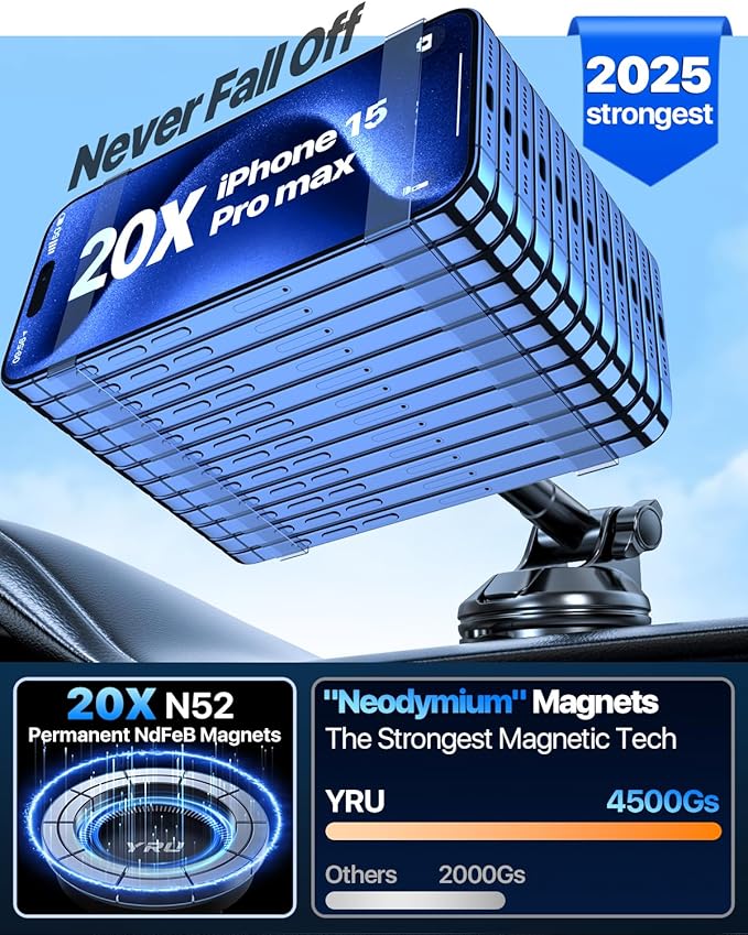YRU Upgraded Magnetic Phone Holder for Car【Patented & Super Magnet】 for MagSafe Car Mount Dashboard Magnet Phone Holder Windshield Phone Stand for iPhone 17 16 15 14 13 12 Pro Max Samsung, Black