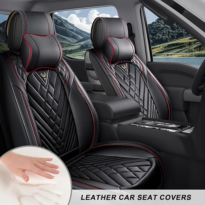Front Set Car Seat Covers for Ford F-150 F-250 F-350 XL XLT STX Lariat King Ranch Platinum Raptor Waterproof Seat Covers 2009-2025, Anti-Slip Seat Protectors(Luxury 2 Seats/Black Red)