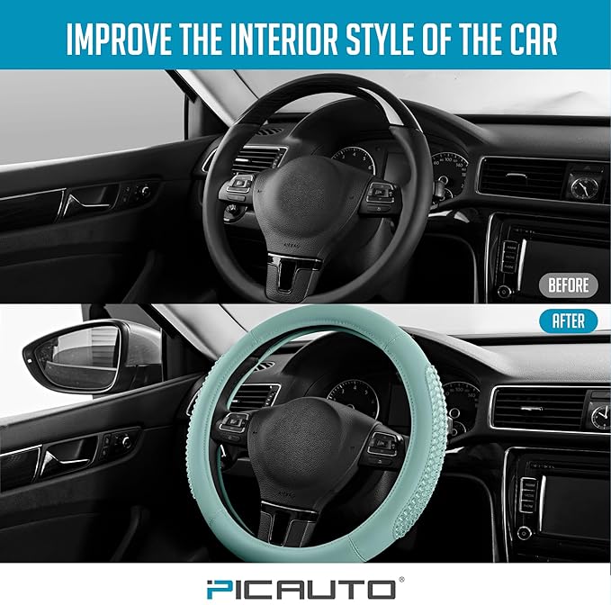 PIC AUTO Steering Wheel Cover, Glitter Gel Particles & Mint Luxury Leather Car Steering Cover, Universal Fit 14.5"-15.5" Anti-Slip Car Wheels Cover for Girls & Women