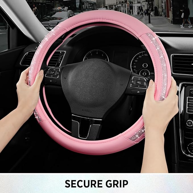 Road Comforts Steering Wheel Cover, Glitter Bling Leather Wheel Cover, Universal Fit 14.5"-15.5" Steering Wheels for Women & Girls, Anti-Slip Car Wheel Protector for Cars, Trucks, Vans, SUVs-Pink