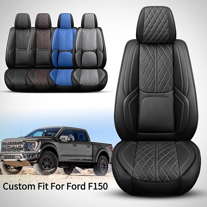 Car Seat Cover Custom Fit for Ford F150 2009-2026 Faux Leather Seat Cover Set Compatible with Regular Cab Super Cab Super Crew Pickup Truck Cushions (Black, Front Seat)