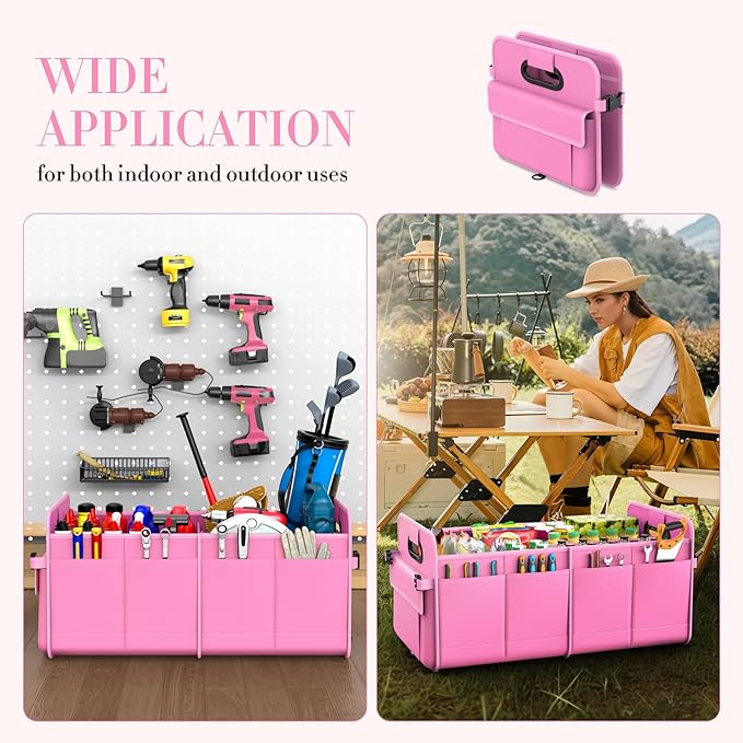 Trunk Organizer For Suv & Sedan,Car Organizers and Storage, Waterproof Collapsible & Adjustable Straps,75L Sturdy Car Organization for Car Accessories, Tools,Sundries,2-3 Compartment（Pink）