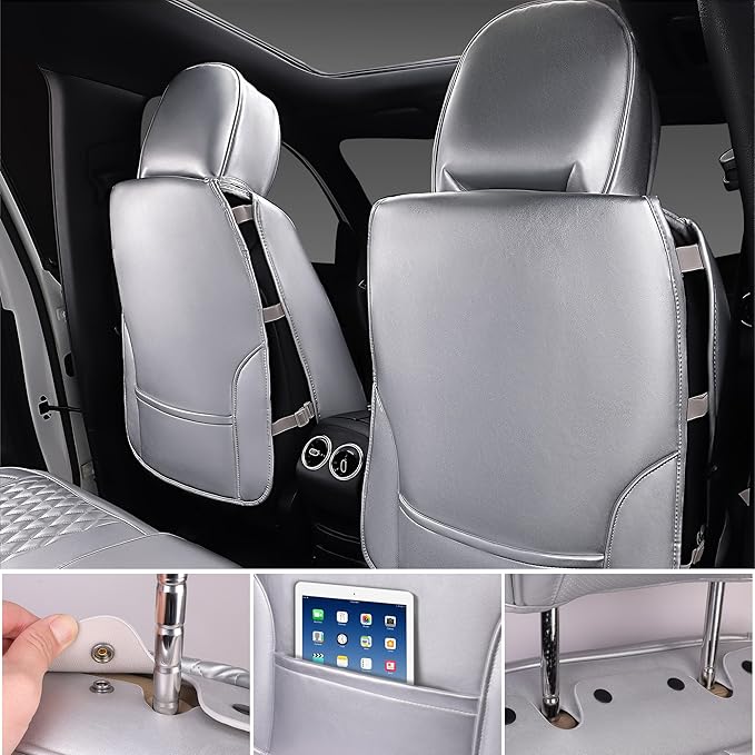 CAR PASS Nappa Leather Car Seat Covers for Full Set Bling Silver Diamond Universal Luxury Cushion, Waterproof Anti-Slip Seat Protector Fit for Women SUV Sedan Sparkly Glitter Crystal White Rhinestone