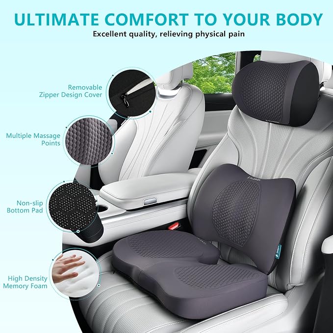 FLORICH Car Seat Cushion and Back Support for Office Chair Memory Foam Chair Cushions Pressure Relief Seat Pads with Gel Massage Point Lumbar Support (Light Grey)