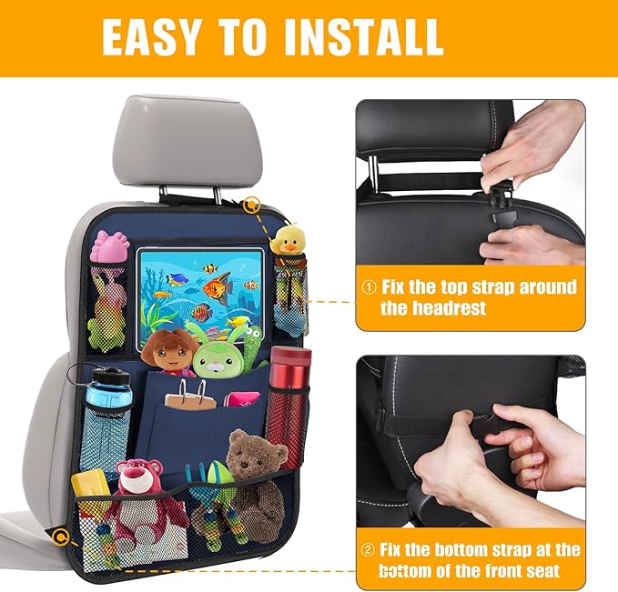 Car Backseat Organizer with 11" Table Holder, 10 Storage Pockets Seat Back Protectors Kick Mats for Kids Toddlers, Travel Accessories, 2 Pack, Blue