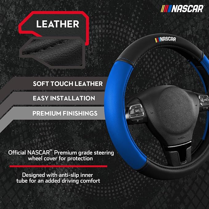 NASCAR Steering Wheel Cover, Two-Tone Blue Leather Patchwork, Universal Fit 14.5"-15.5" Steering Covers for Cars, Anti-Slip, Soft Grip, Odor-Free, Trucks & SUVs, Racing Style Interior Upgrade