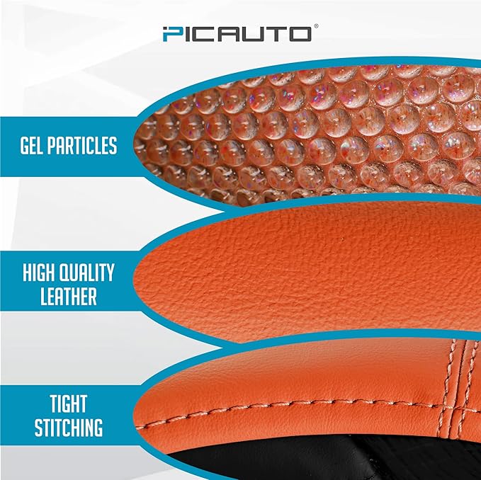 PIC AUTO Steering Wheel Cover, Glitter Gel Particles & Orange Luxury Leather Car Steering Cover, Universal Fit 14.5"-15.5" Anti-Slip Car Wheels Cover for Girls & Women