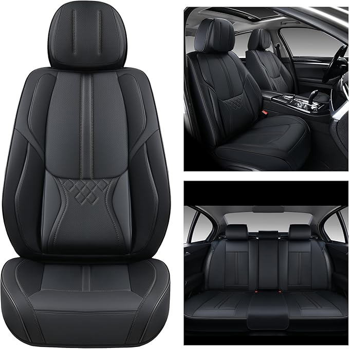Black Car Seat Covers Full Set, Universal Front and Rear Seat Covers for Cars, Waterproof Leather Auto Seat Protectors Airbag Compatible, Car Seat Cushions Fit for Most Sedans SUV Pick-up Truck