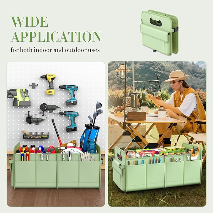 Trunk Organizer For Suv & Sedan,Car Organizers and Storage, Waterproof Collapsible & Adjustable Straps,70L Sturdy Car Organization for Car Accessories, Tools,Sundries,2-3Compartment（Green