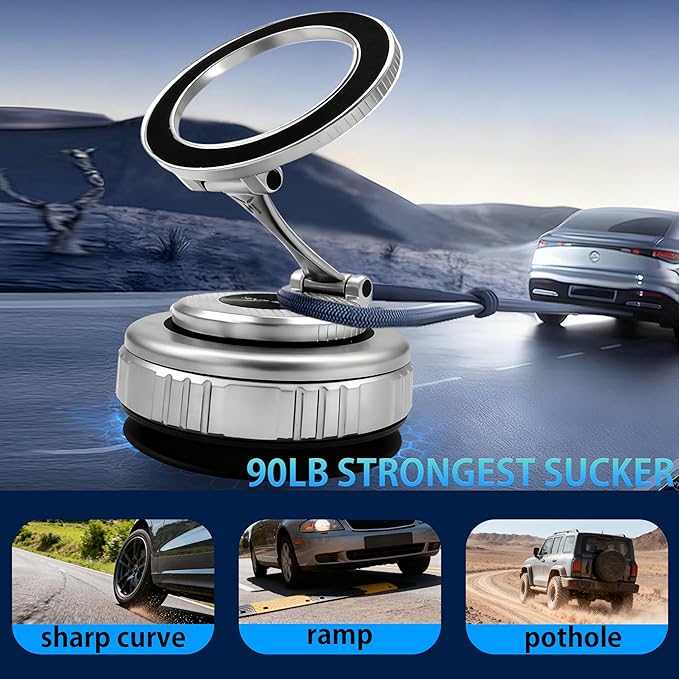 2026 Upgraded 360° Adjustable Vacuum Magnetic Car Phone Holder for Mag Safe [90+LBS Suction & 2800gf Magnetic] Suction Cup Car Phone Mount for i Phone 17 Pro Max 16 15 14 13 12