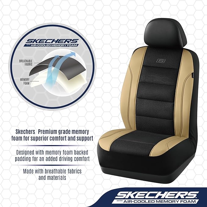Skechers Men’s Seat Covers, Air-Cooled Memory Foam Car Seat Covers Front Seats, Airbag Compatible,Universal Fit for Most Cars, SUVs, Vans and Trucks,Beige