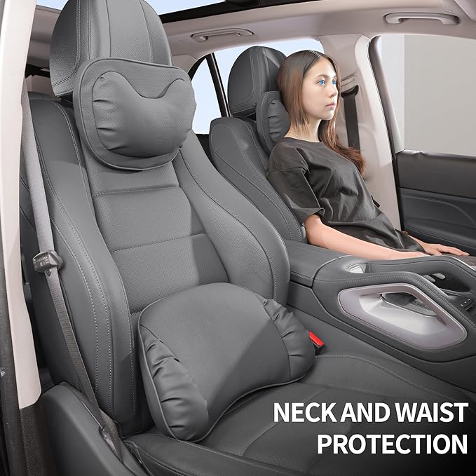 Lumbar Support Pillow for Car Seat, Memory Foam Leather Lumbar Pillow for Lower Back Pain Relief - Back Cushion for Driving - Chair Support for Office Chair, Gaming Chair, Gray, 1 Pack