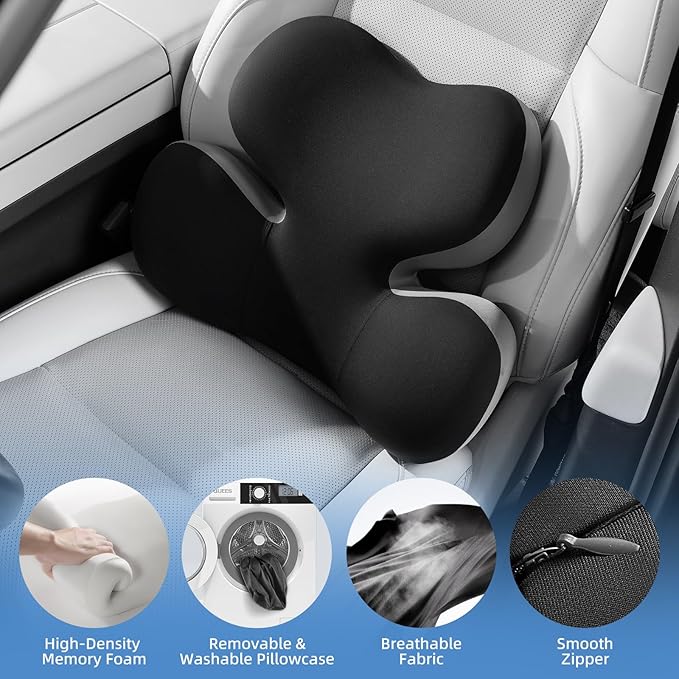 BEBAS Lumbar Support Pillow for Car, Ergonomic Memory Foam Back Cushion for Driving, Lower Back Support for Pain Relief, Lumbar Cushion for Car Seats, Office Chairs, Wheelchairs - Blackgray