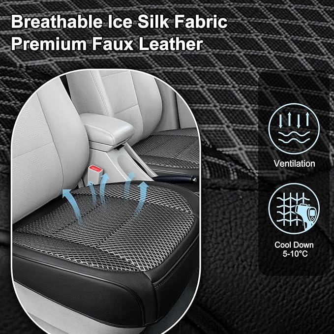 2 Pack Black Ventilated Cool Bottom Car Seat Cover, 3D Air Mesh Breathable Front Leather Car Seat Protectors, Universal Fit Automotive Comfortable Seat Cushion with Storage Pocket for Car Truck SUV