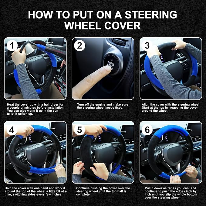 SEG Direct Steering Wheel Cover for Car, Standard Size 14.5-15 inch, Auto Interior Accessories, Warm Plush, Summer Winter, Black and Blue