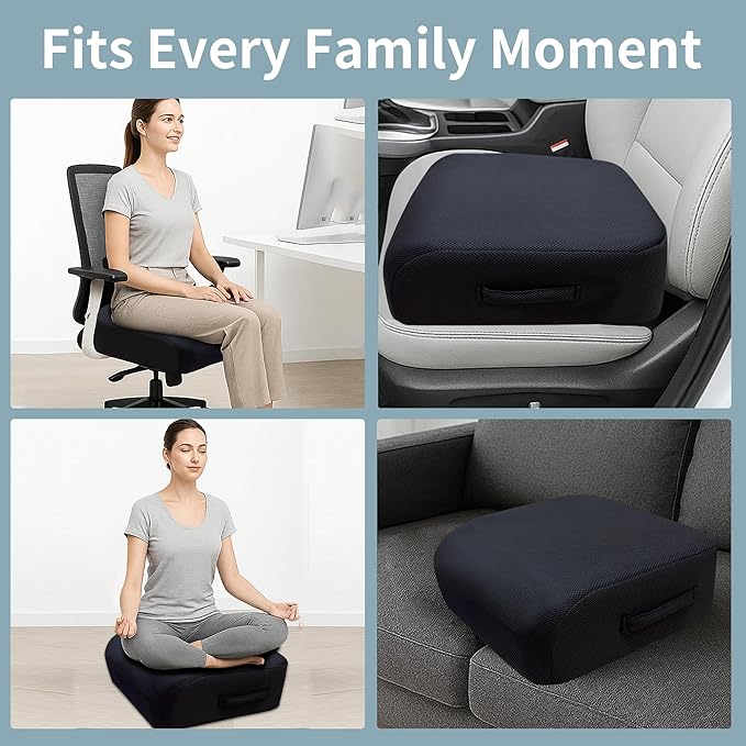6" Extra Thick Memory Foam Office Chair Cushion – 2-Layer Booster Seat for Back & Tailbone Pain Relief, 18 x 16 x 6in Non-Slip Cushion with Carry Handle for Wheelchair, Car, and Airplane