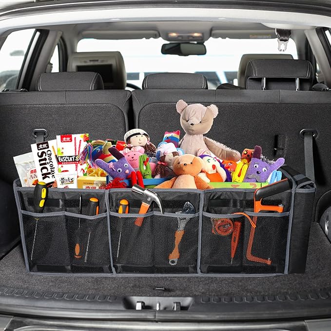 Collapsible Trunk Organizer with Insulated Leakproof Cooler Bag,Removable Lid,Adjustable Securing Straps,3 Compartments Trunk Organizer for SUV,Truck,Sedan(Grey & Black)