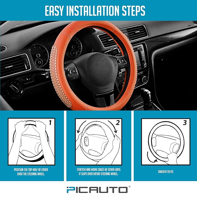 PIC AUTO Steering Wheel Cover, Glitter Gel Particles & Orange Luxury Leather Car Steering Cover, Universal Fit 14.5"-15.5" Anti-Slip Car Wheels Cover for Girls & Women