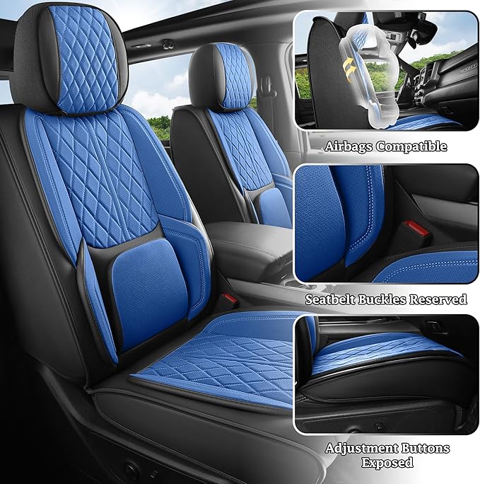 Car Seat Cover Custom Fit for Ford F150 2009-2026 Faux Leather Seat Cover Set Compatible with Regular Cab Super Cab Super Crew Pickup Truck Cushions (Black & Blue, Front Seat)