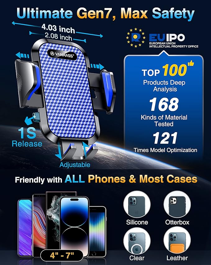 VANMASS [True Military-Grade] Car Phone Holder [Best Suction & Clip] Cell Phone Mount for Dashboard Windshield Vent Truck Cradle Dash Stand for iPhone 15 Pro Max 14 13 12 Android, Blue